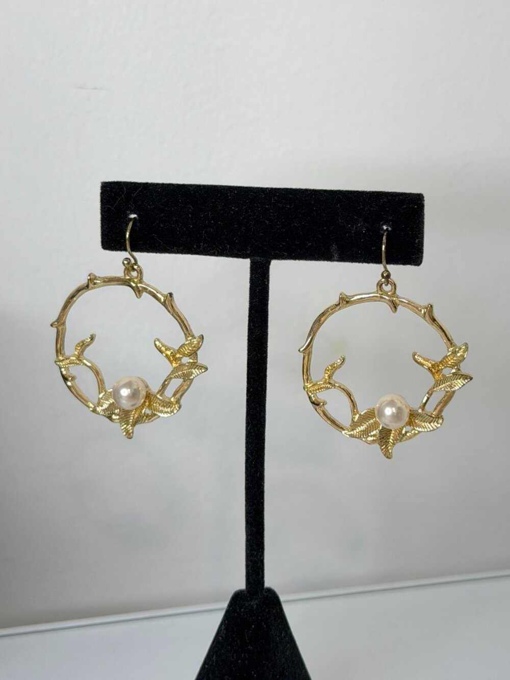 Gold Floral Drop Earrings Geometric Circle Leaf Pearl Statement Jewelry